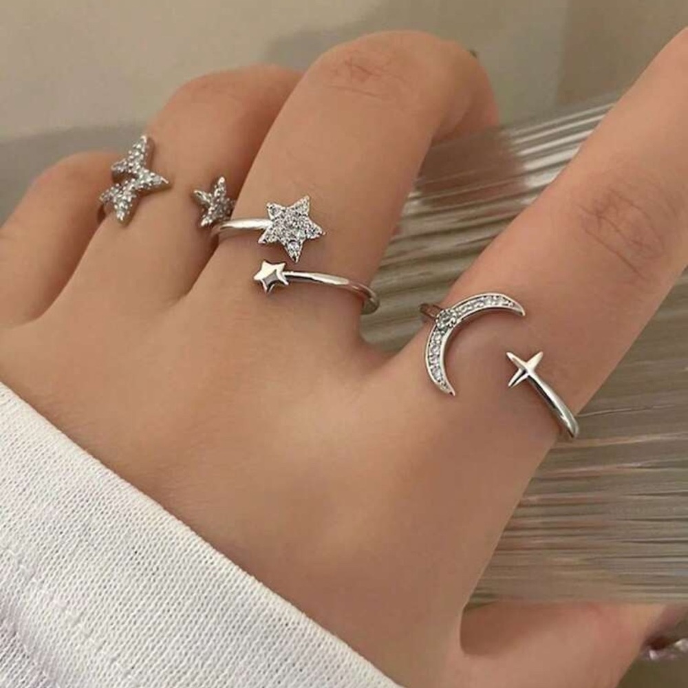 Silver Star and Moon Ring Set